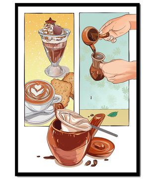 Ilustración artística de café y postre con detalles dorados