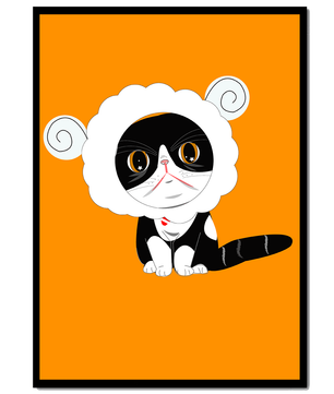 Ilustración de un gato disfrazado de oveja sobre fondo naranja vibrante