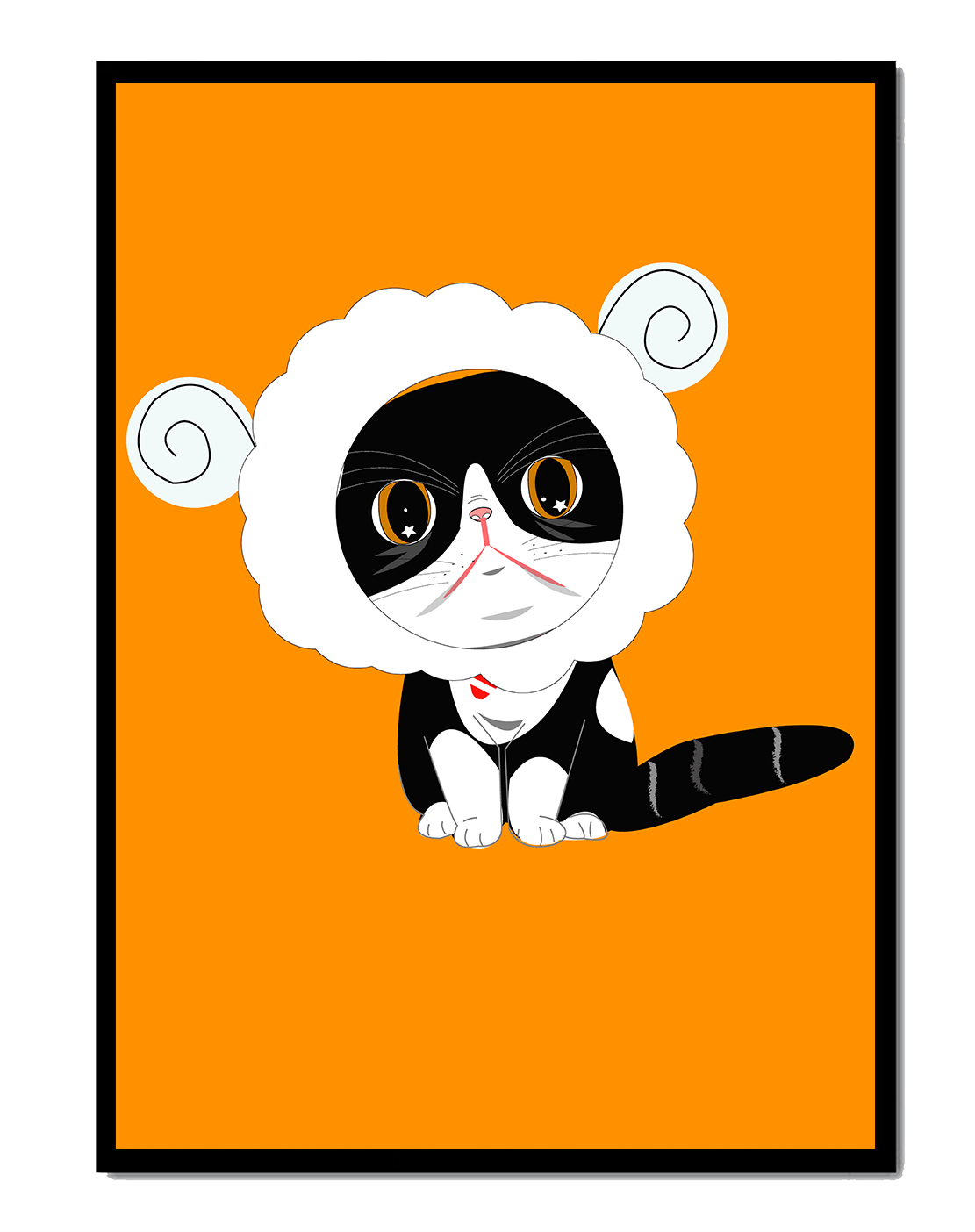 Ilustración de un gato disfrazado de oveja sobre un fondo naranja vibrante