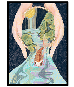 Ilustración serena de un estanque de carpas koi con agua en cascada y hojas de nenúfar