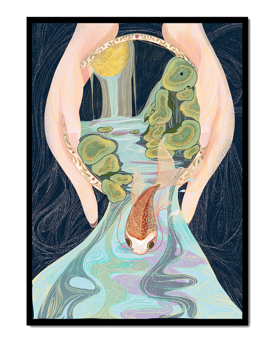 Serene hand-held koi pond illustration with cascading water and lily pads