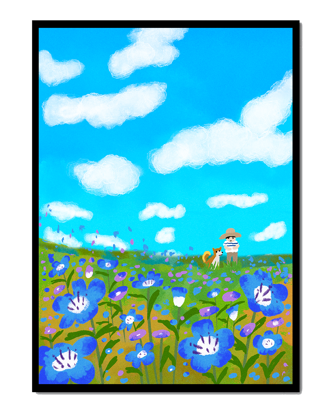 Man and dog in vibrant flower meadow under blue sky