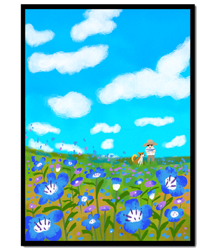 Mann und Hund auf einer leuchtenden Blumenwiese unter blauem Himmel