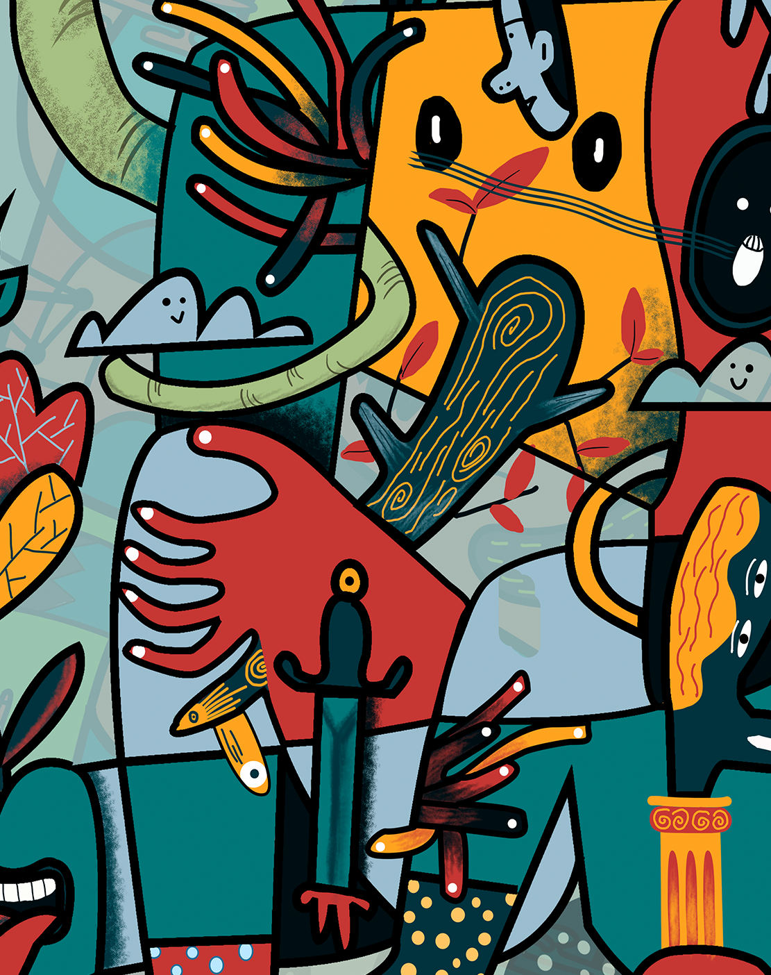 Composición artística surrealista abstracta con colores vibrantes