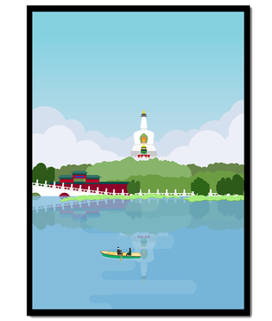 Escena de lago sereno con pagoda y bote de remos