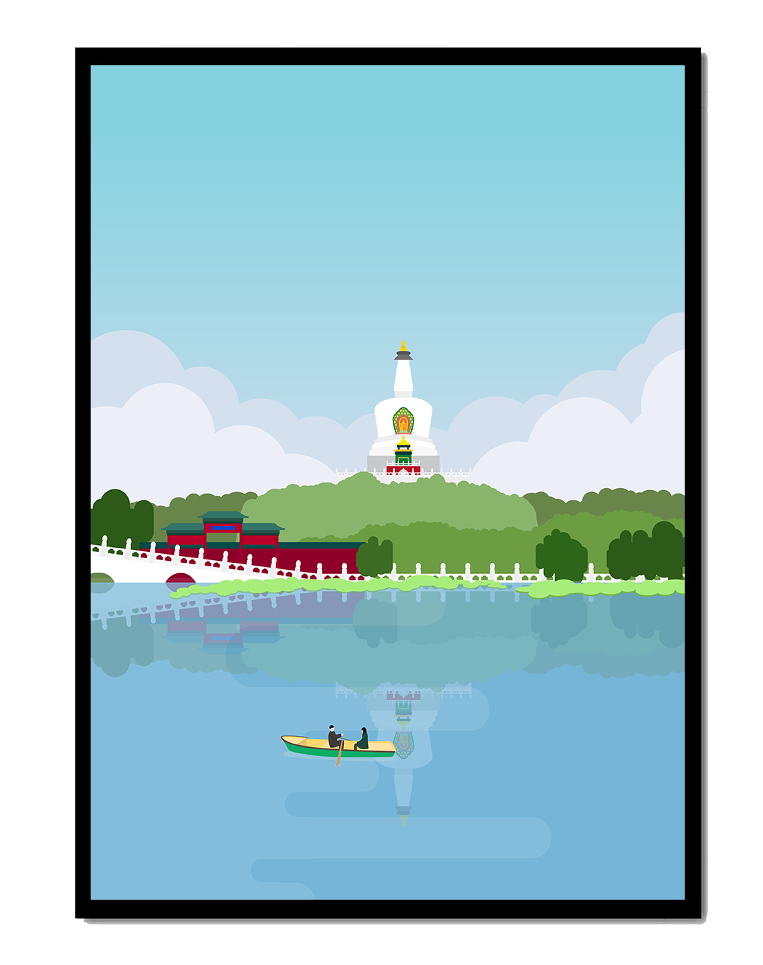 Serene lake scene with pagoda and rowing boat