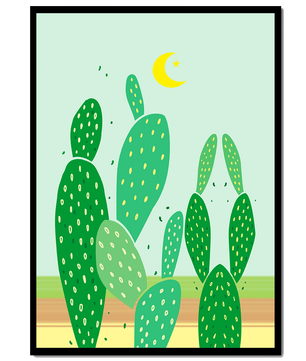 Desert cactus illustration with crescent moon