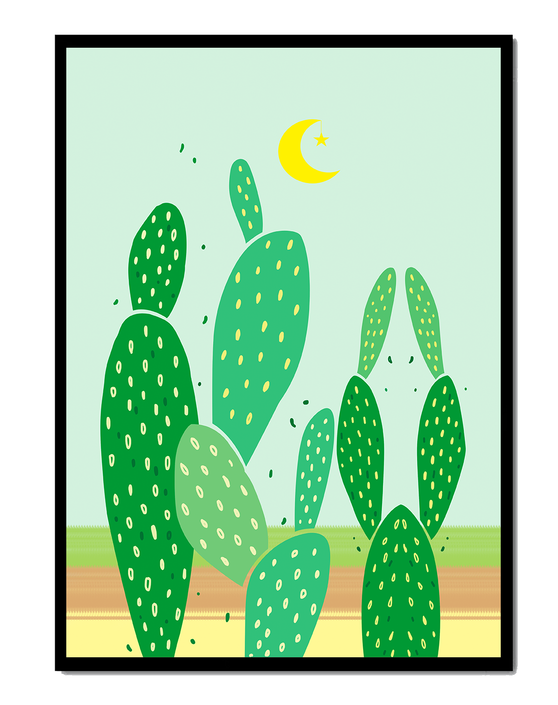 Desert cactus illustration with crescent moon