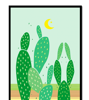 Desert cactus illustration with crescent moon