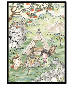 Escena encantadora de camping con un niño y un gato bajo un árbol de caqui