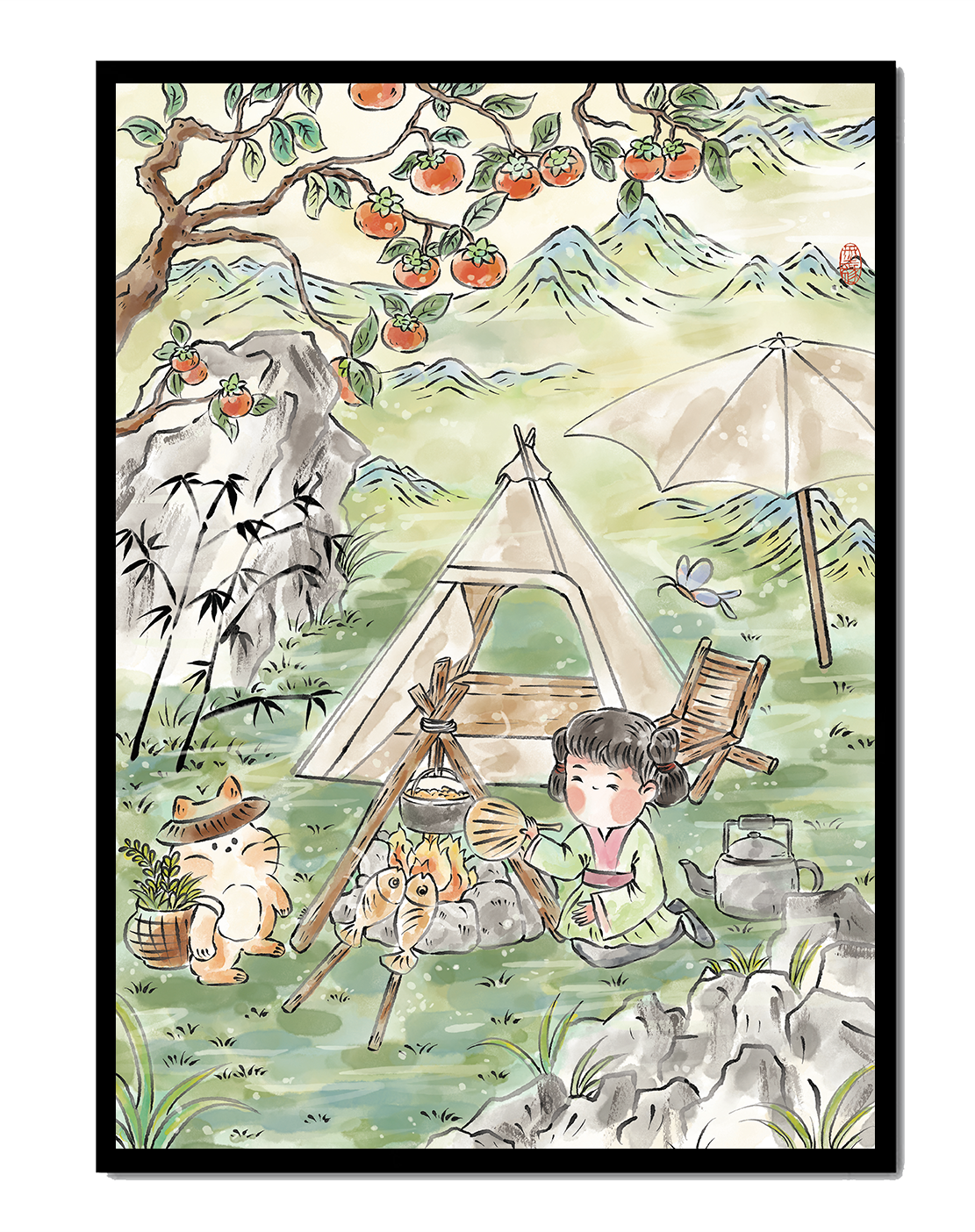 Escena encantadora de camping con un niño y un gato bajo un árbol de caqui