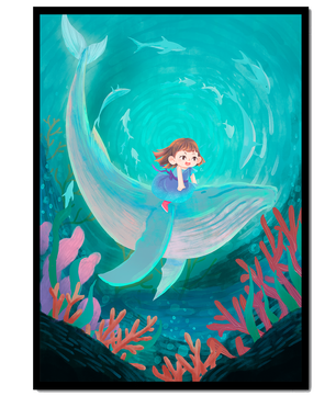 Underwater scene with child and whale surrounded by marine life