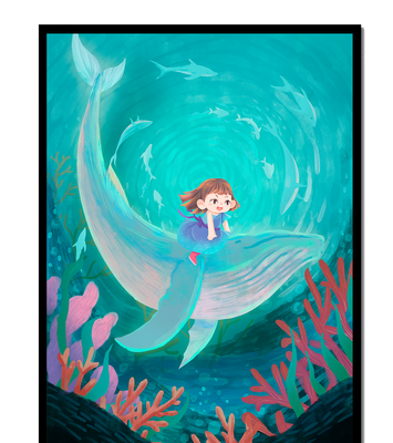 Underwater scene with child and whale surrounded by marine life
