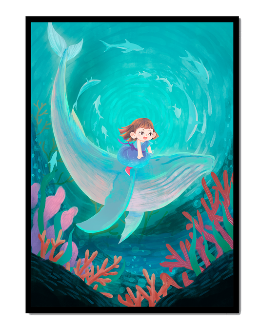 Underwater scene with child and whale surrounded by marine life