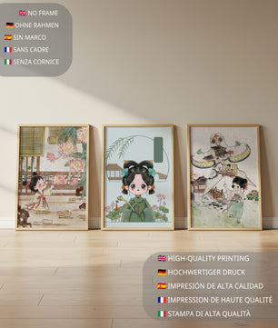 Illustrations de style oriental avec des personnages enfantins