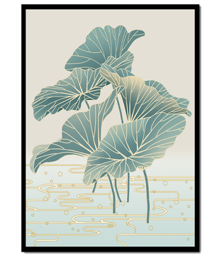 Elegant botanical illustration featuring large leaves with golden accents