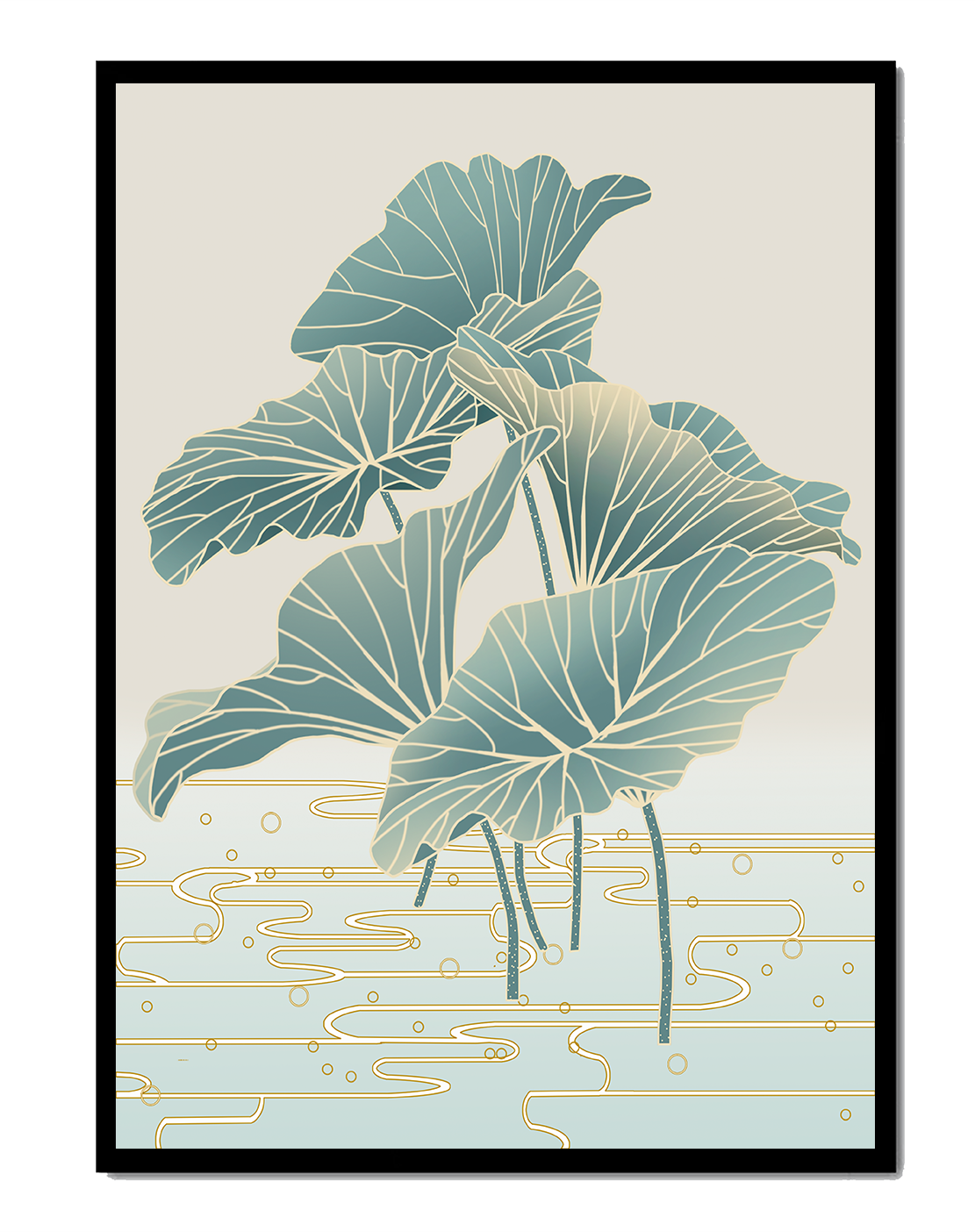 Elegant botanical illustration featuring large leaves with golden accents