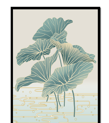 Elegant botanical illustration featuring large leaves with golden accents