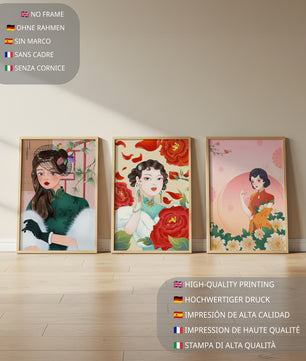 Conjunto De Impresiones Artísticas Inspiradas En Moda Asiática Con Elementos De Flores