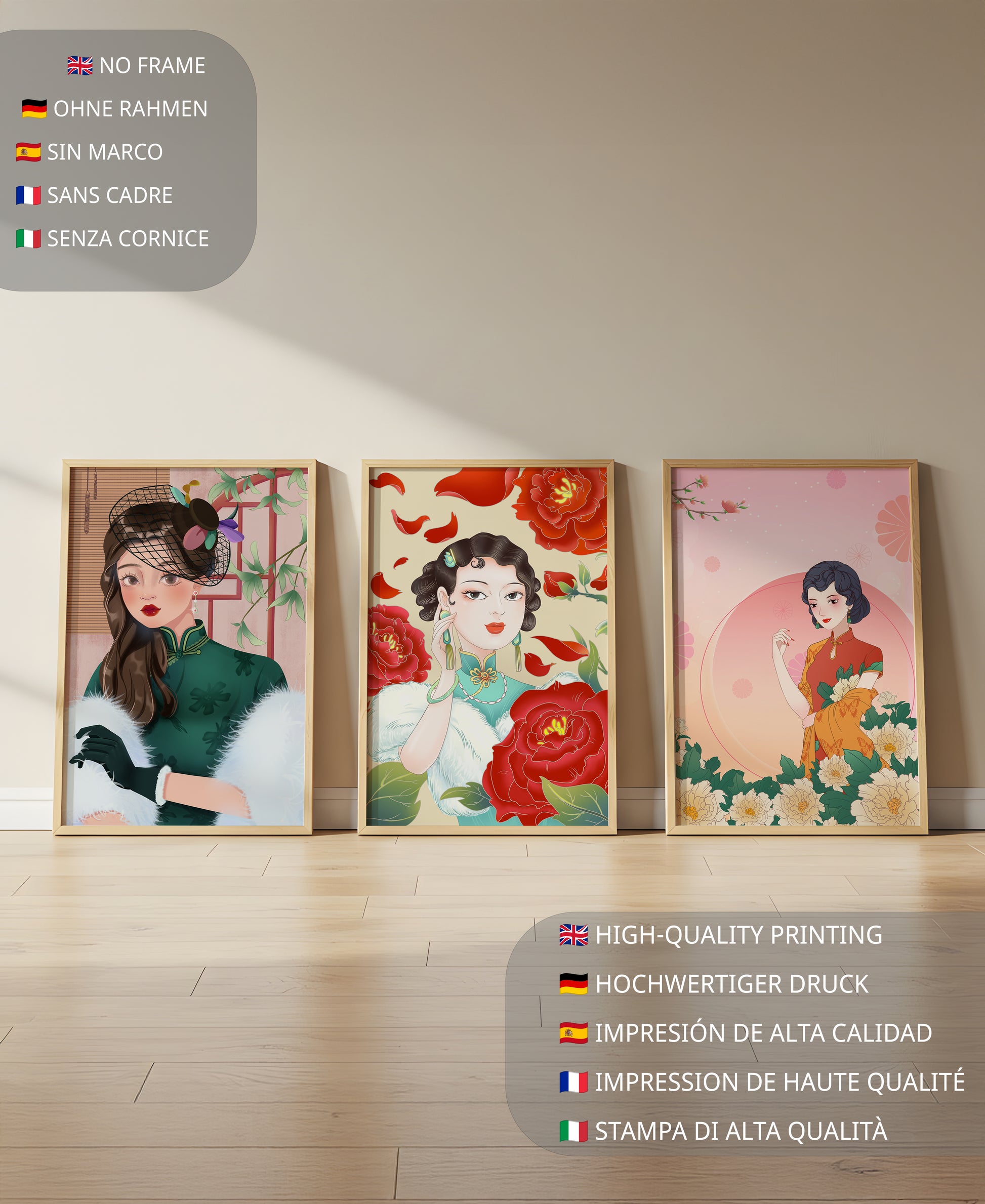 Conjunto De Impresiones Artísticas Inspiradas En Moda Asiática Con Elementos De Flores