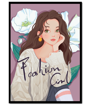 Illustrated fashion girl with floral background and purple theme