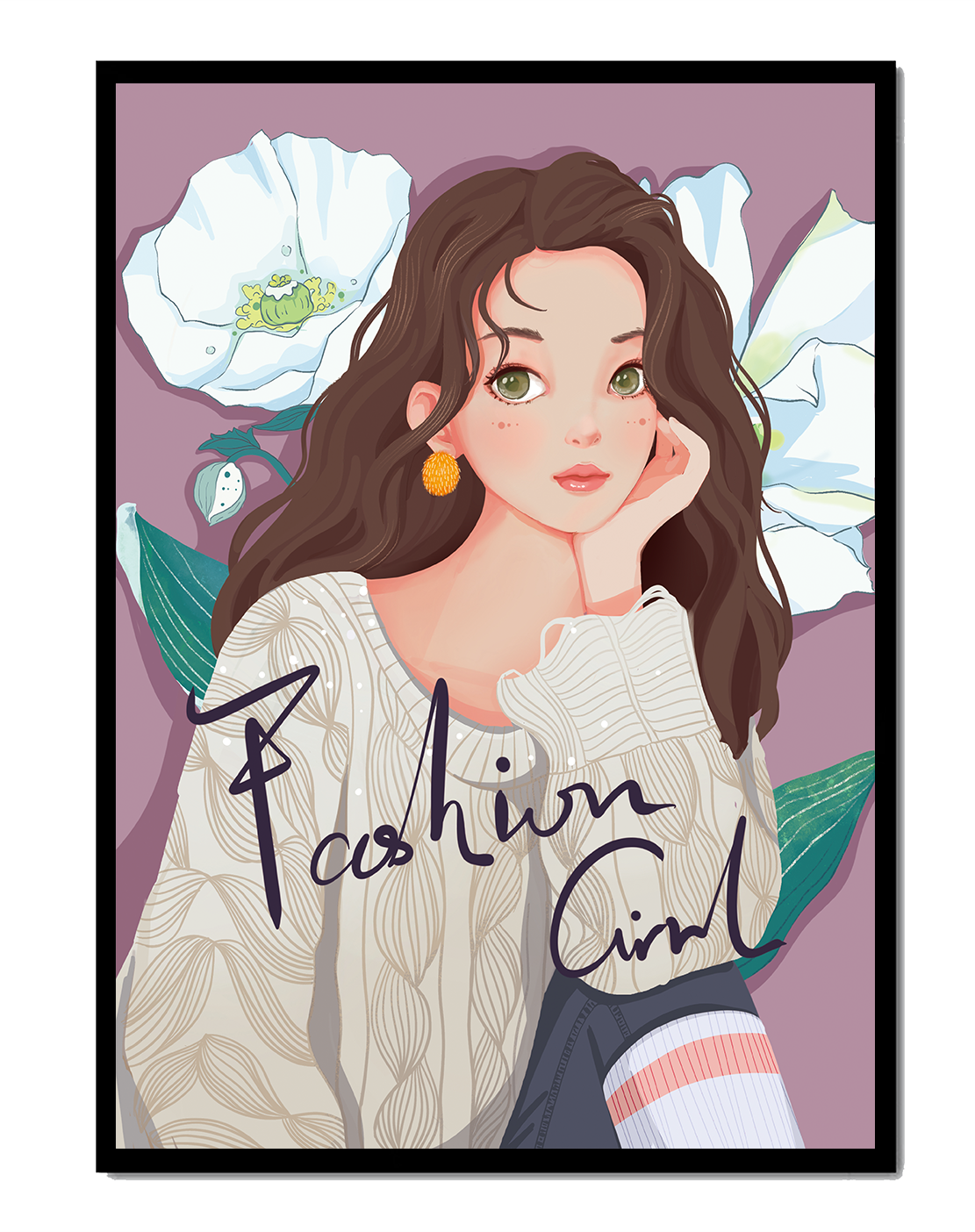 Illustrated fashion girl with floral background and purple theme