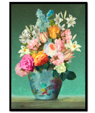 Floral arrangement in a decorative vase on a green background