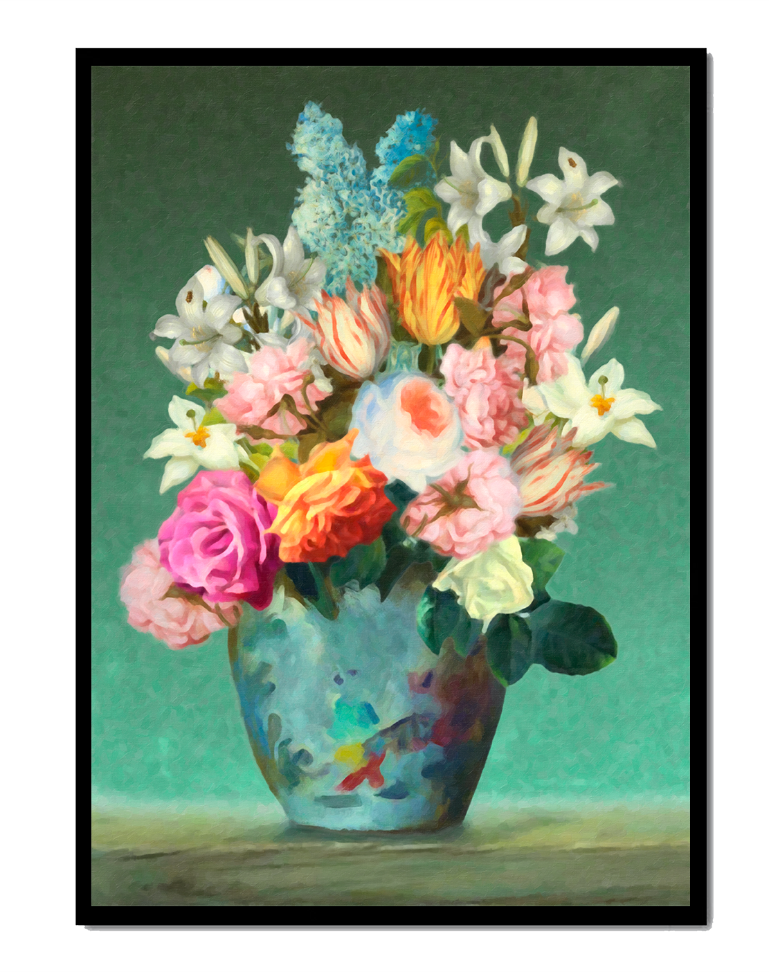 Floral arrangement in a decorative vase on a green background