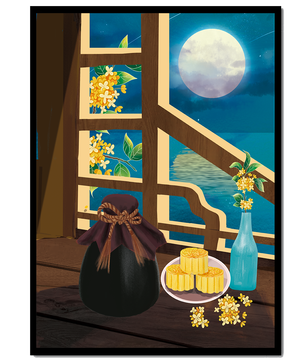 Noche iluminada por la luna con pasteles de luna y decoración floral sobre una mesa de madera