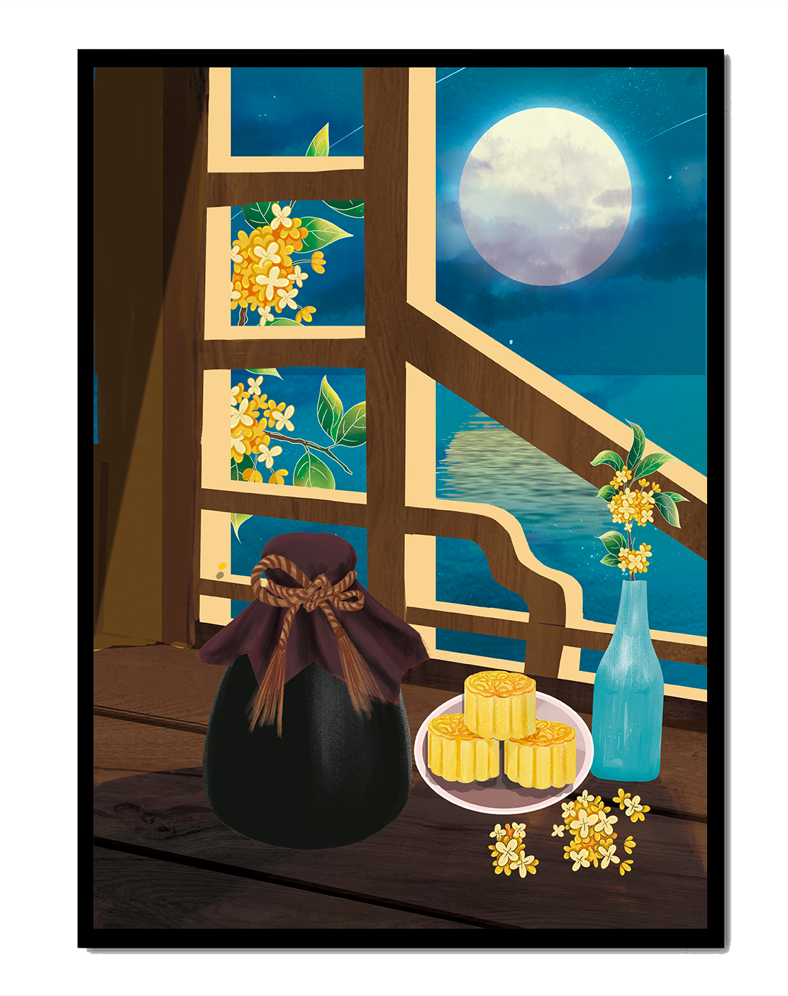 Noche iluminada por la luna con pasteles de luna y decoración floral sobre una mesa de madera