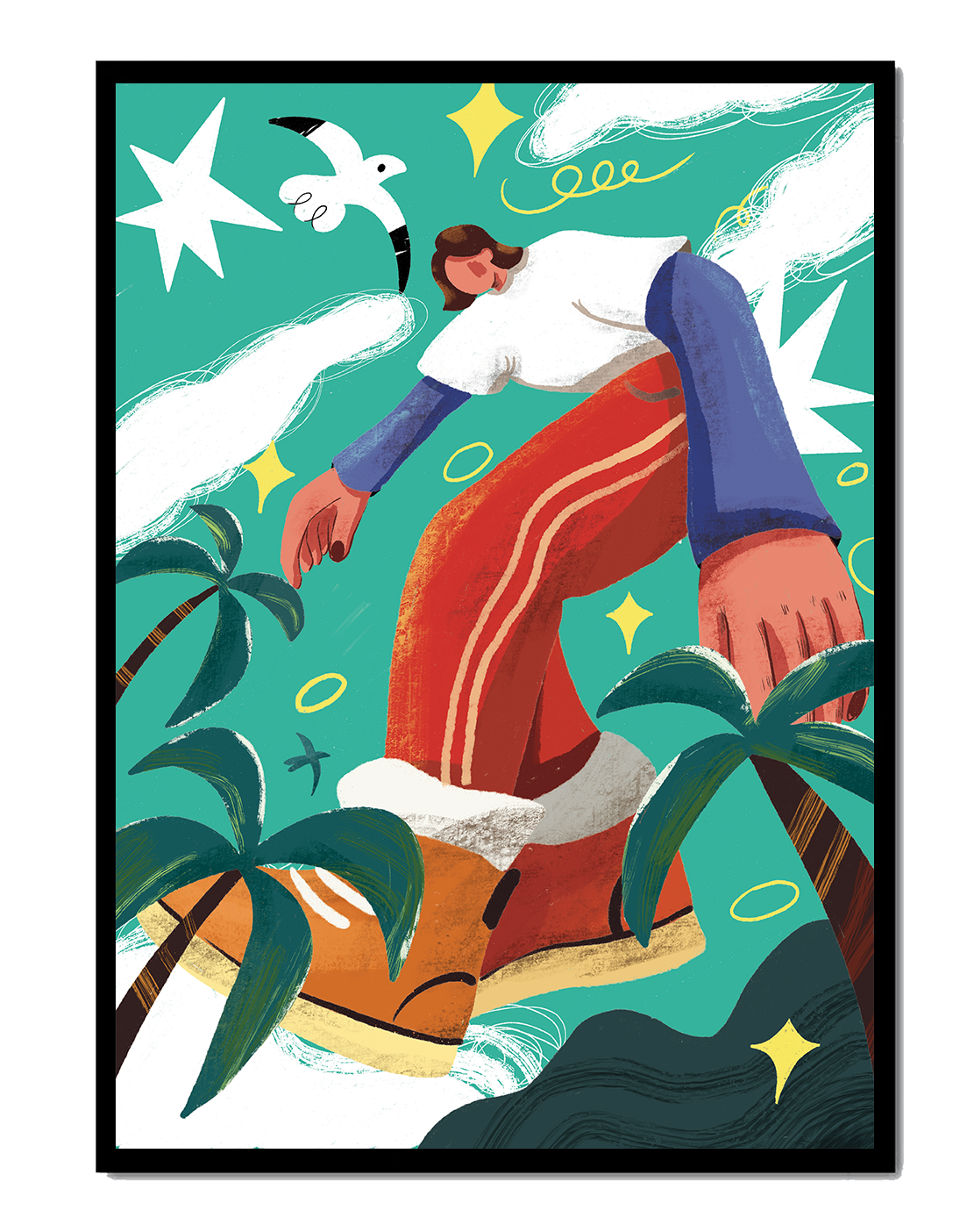 Colorful Abstract Surreal Landscape with Giant Figure and Nature Elements