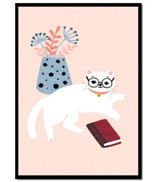 Illustration of playful cat with book and floral vase