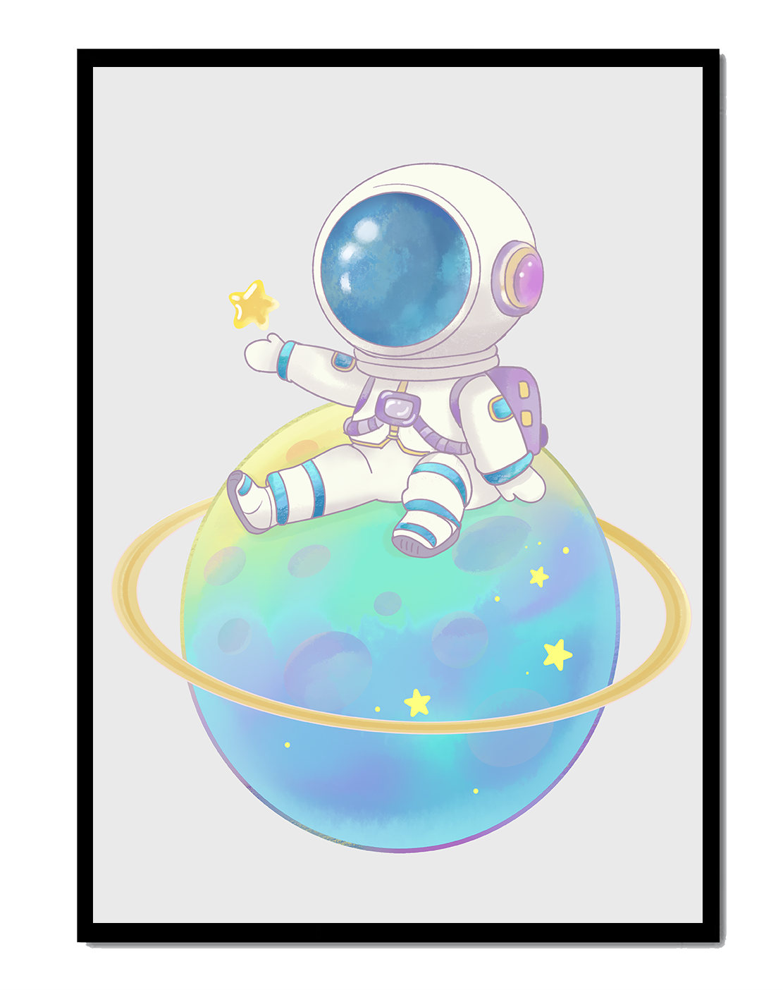 Adorable astronaut illustration sitting on a colorful planet with stars