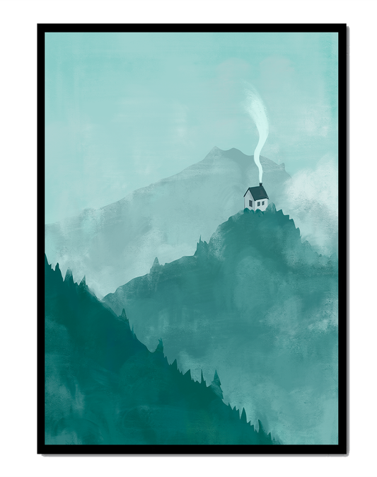 Serene mountain landscape with a cozy cabin and misty background