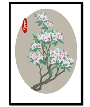 Obra floral delicada con magnolias en flor en estilo oriental