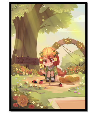 Charming anime-style scene with young girl, flowers, and nature background