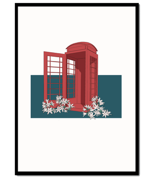 A Pink Phone Booth Surrounded by Flowers on a Teal Background