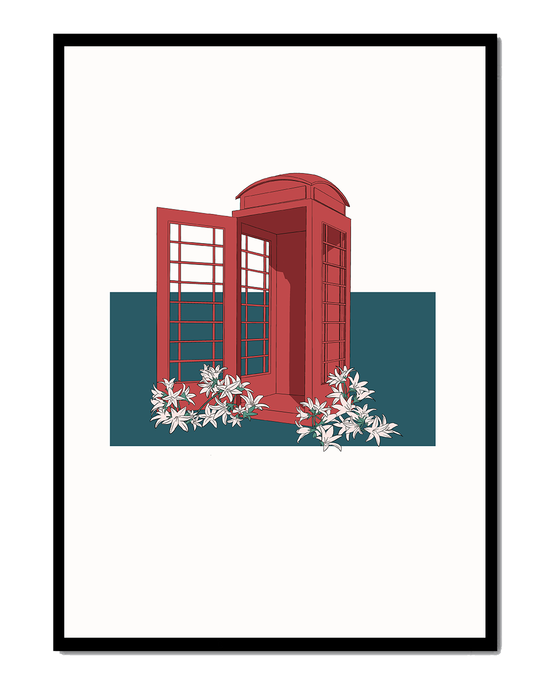 A Pink Phone Booth Surrounded by Flowers on a Teal Background