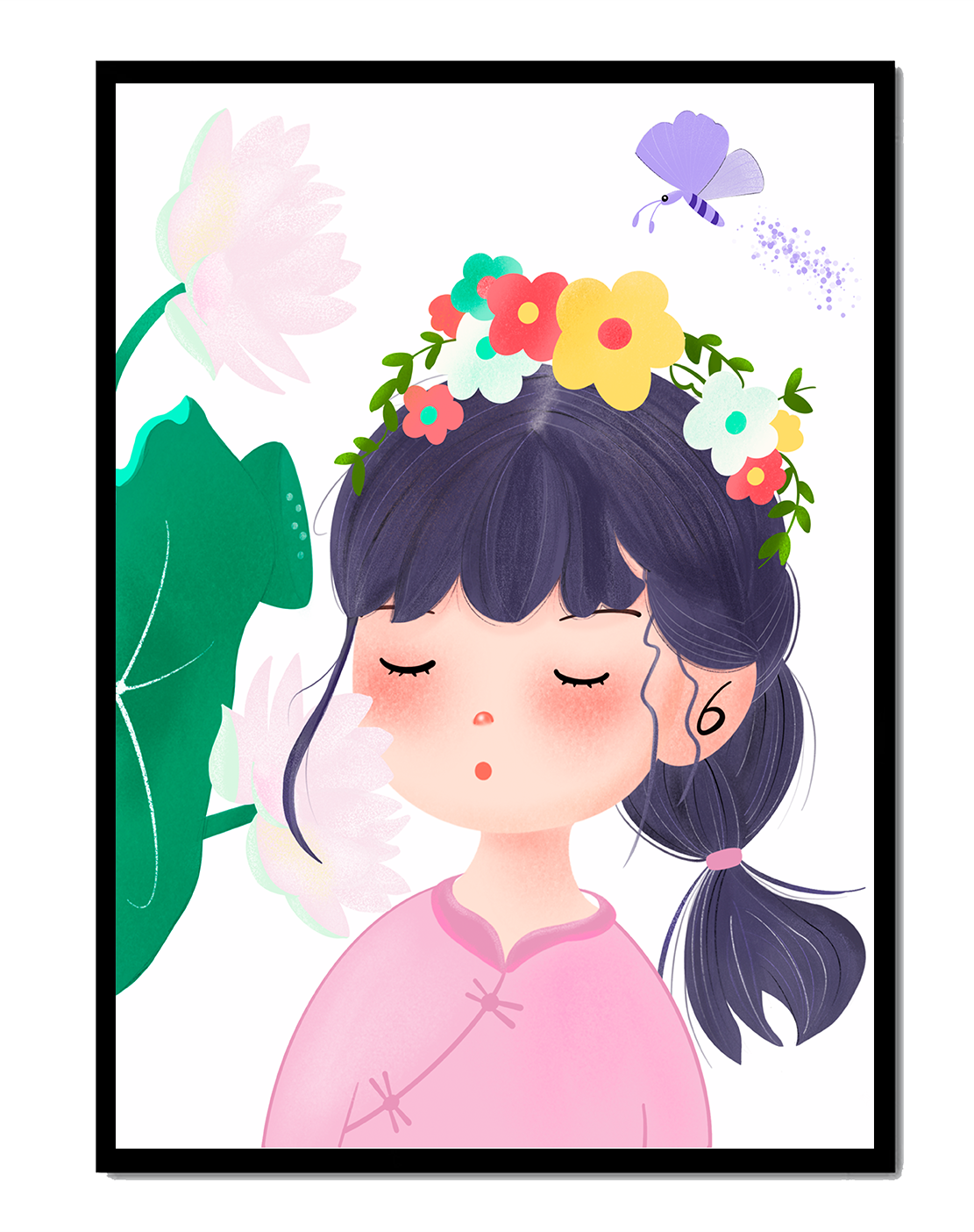 Whimsical illustration of a girl with a flower crown and butterfly
