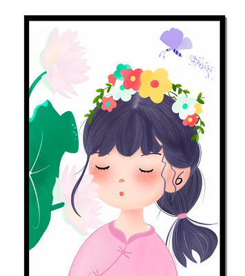 Whimsical illustration of a girl with a flower crown and butterfly