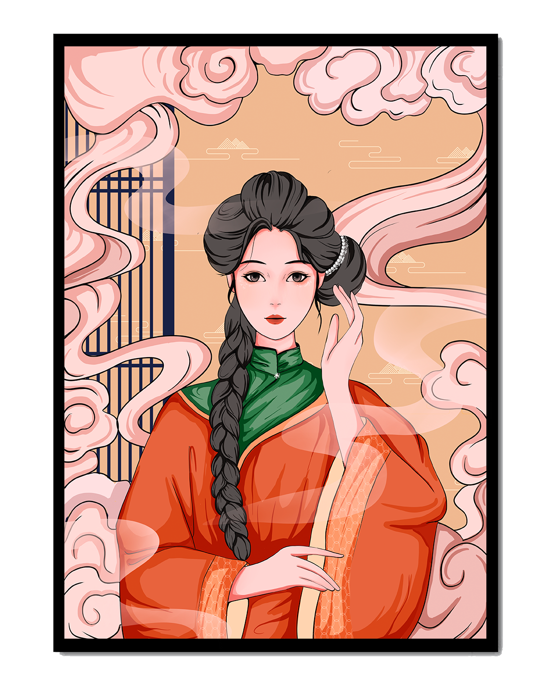 Elegant depiction of a woman in traditional attire with swirling clouds