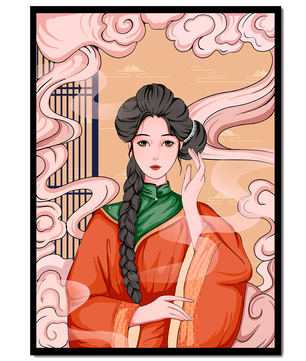 Elegante representación de una mujer con atuendo tradicional y nubes giratorias