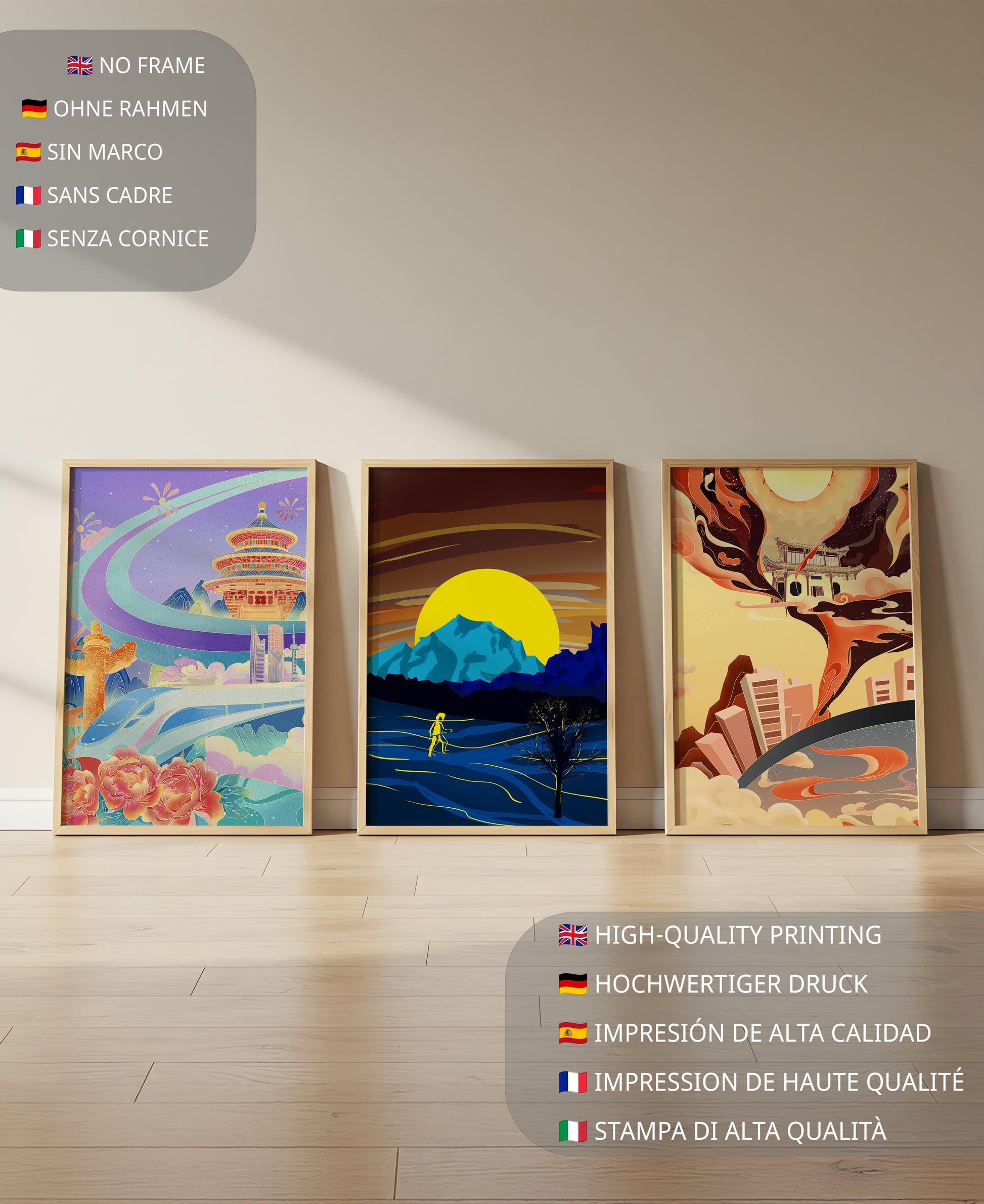 Set aus abstrakter Kunst mit Landschaften und modernem Design
