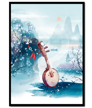 Paisaje tradicional chino con instrumento musical y flores