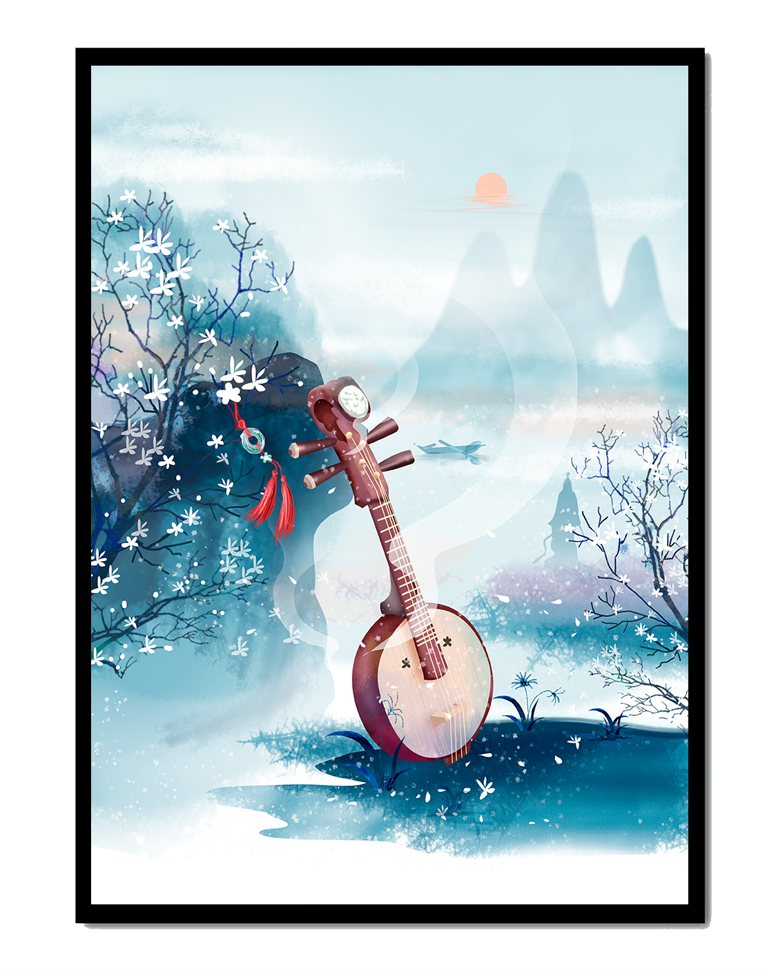 Paisaje tradicional chino con instrumento musical y flores