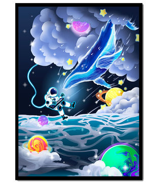 Astronaut Exploring a Surreal Cosmic Ocean with a Glowing Whale