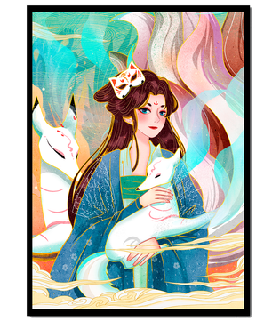Œuvre de fantasy élégante mettant en scène une figure mystique accompagnée de renards et de couleurs vibrantes