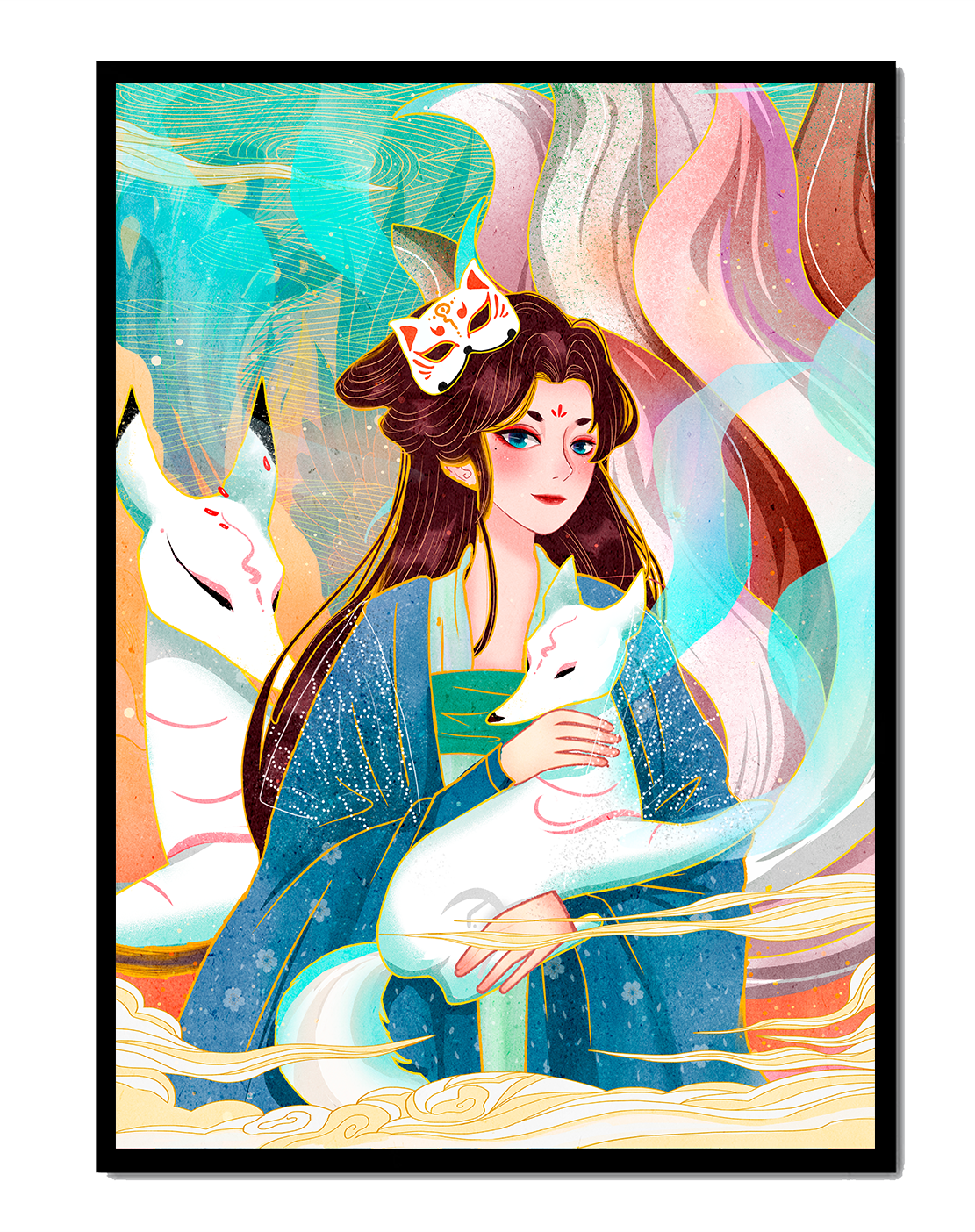 Elegant fantasy artwork featuring a mystical figure with foxes and vibrant colors