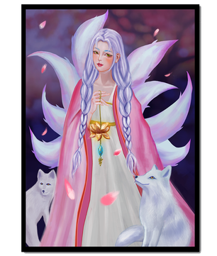 Fantasy art of ethereal figure with foxes and petals
