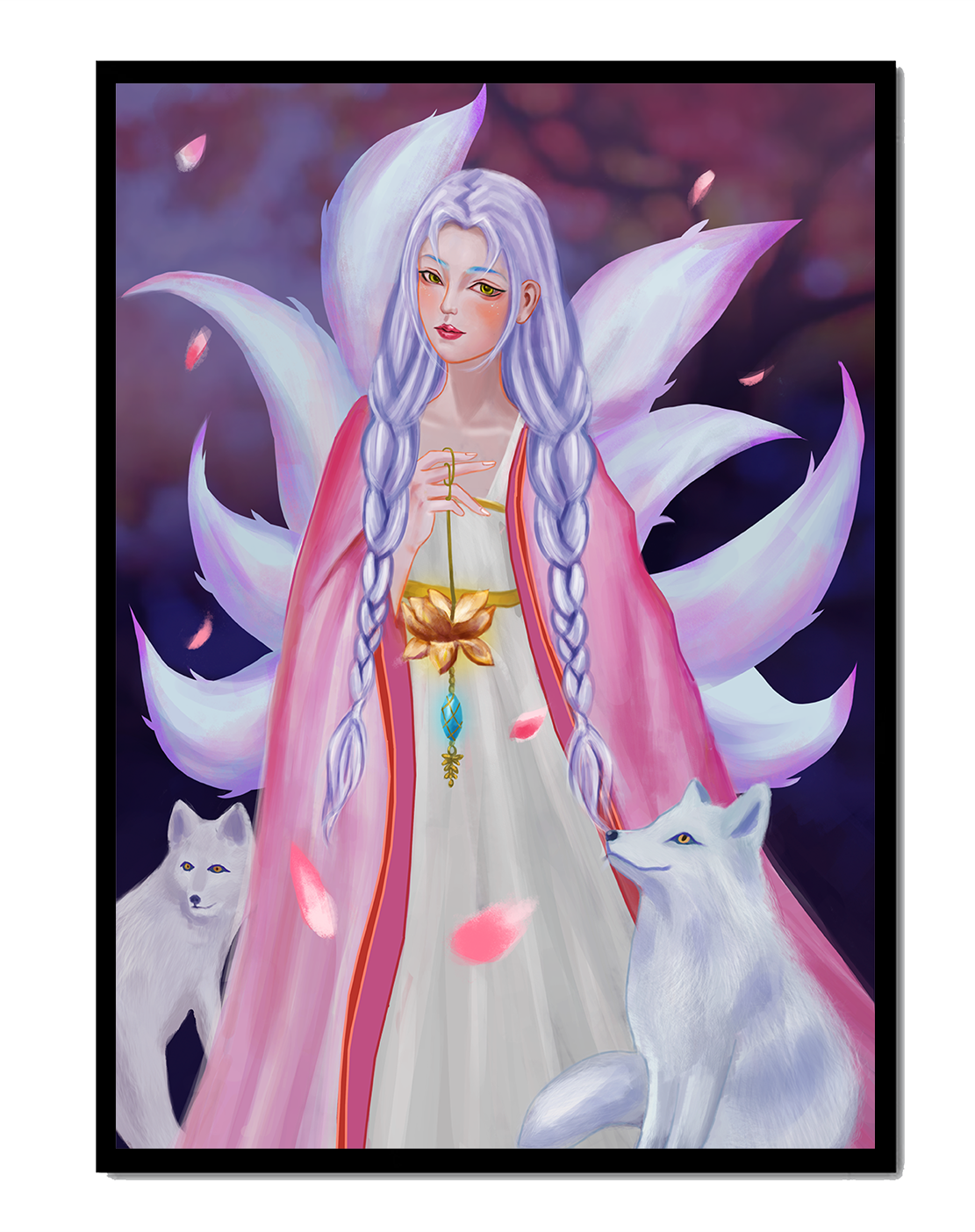 Fantasy art of ethereal figure with foxes and petals